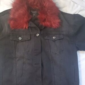 Love Tree Black Denim Jacket with Red Faux Fur Collar